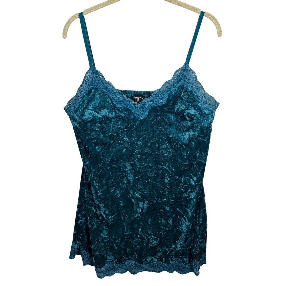 Tribal Teal Crushed Velvet Lace Trim Camisole Tank Top Womens Medium
